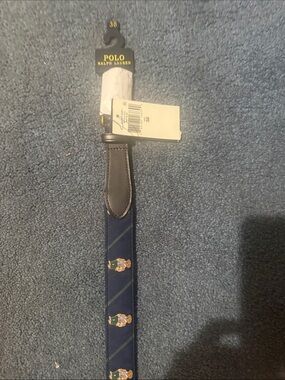 Polo by Ralph Lauren Navy Blue Embroidered Bear Repp Stripe Belt